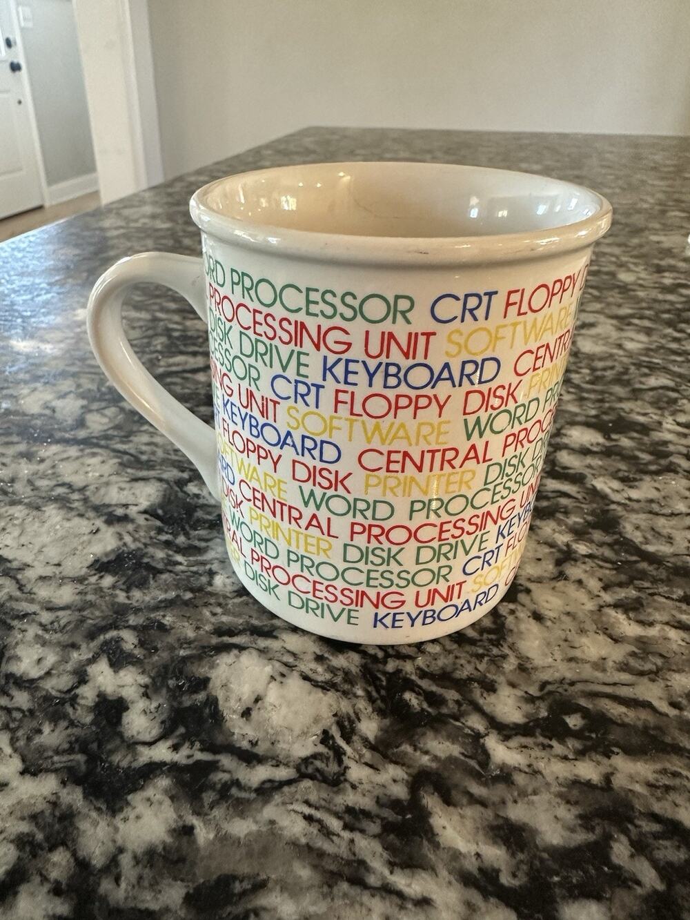 COMPUTER COFFEE MUG Vintage 1986 Keyboard, Floppy Disk, *CRT* Disk Drive Tech